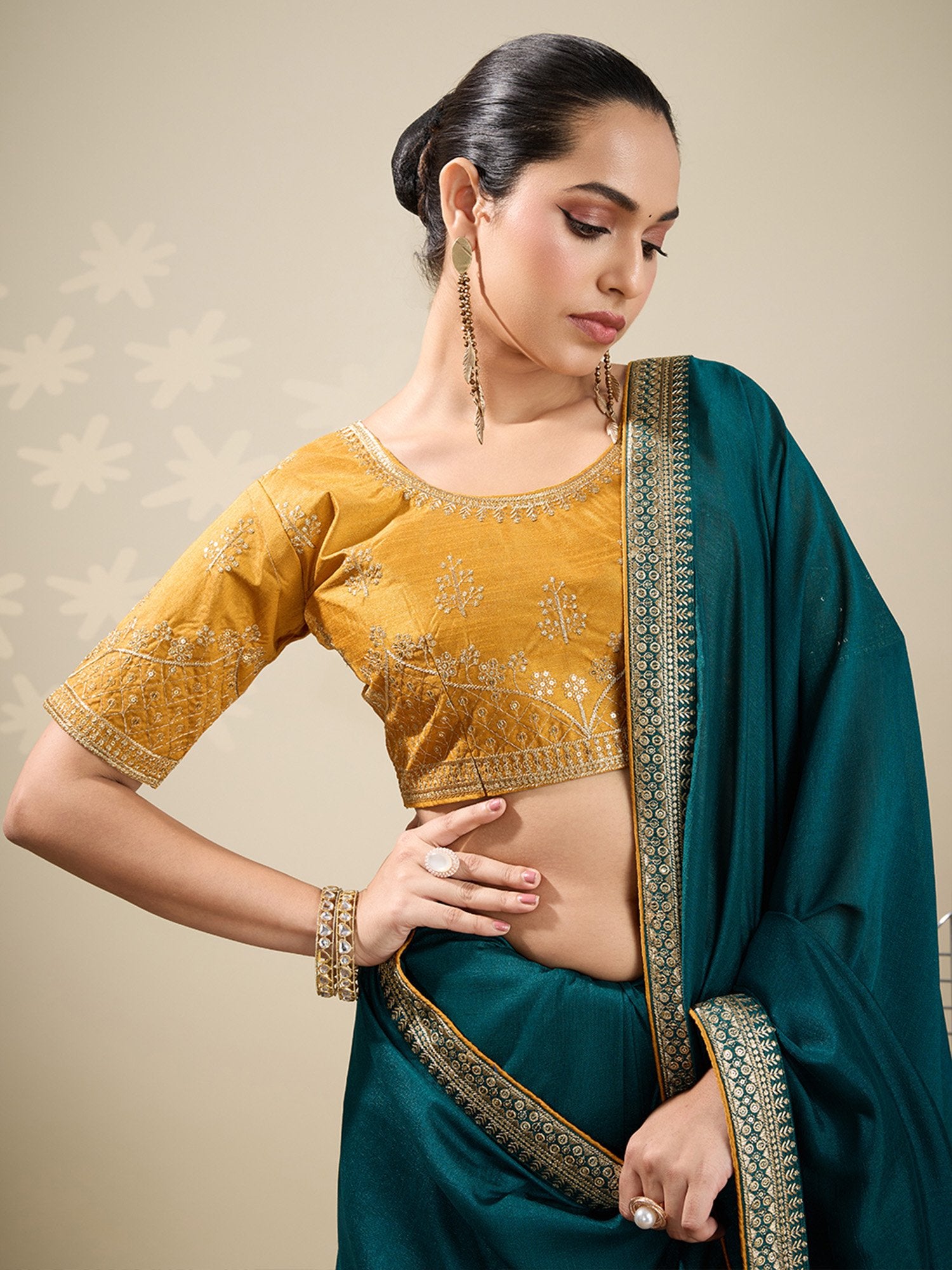 Teal Blue Party Wear Vichitra Silk Embellished Saree