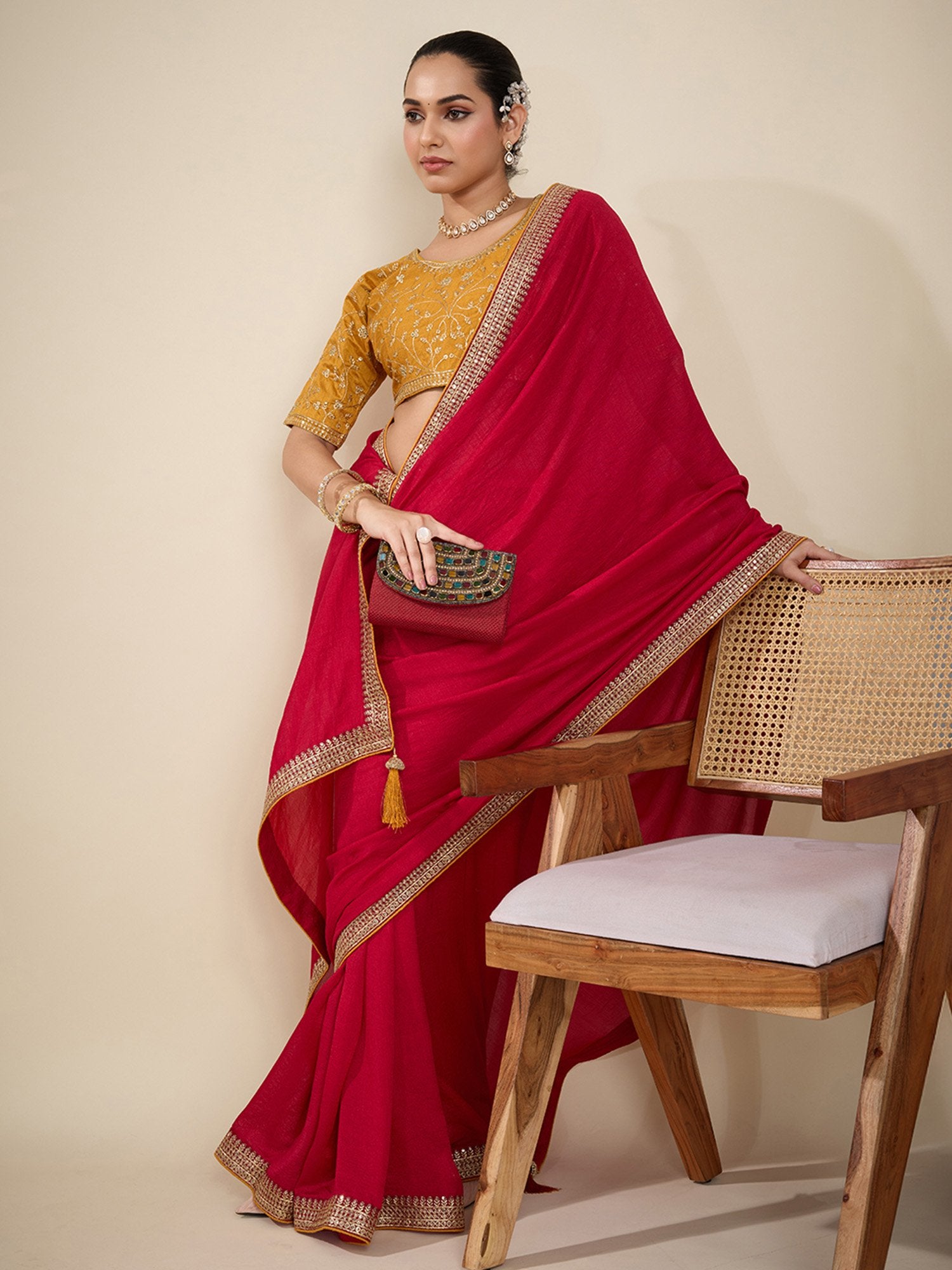 Red Party Wear Vichitra Silk Embellished Saree