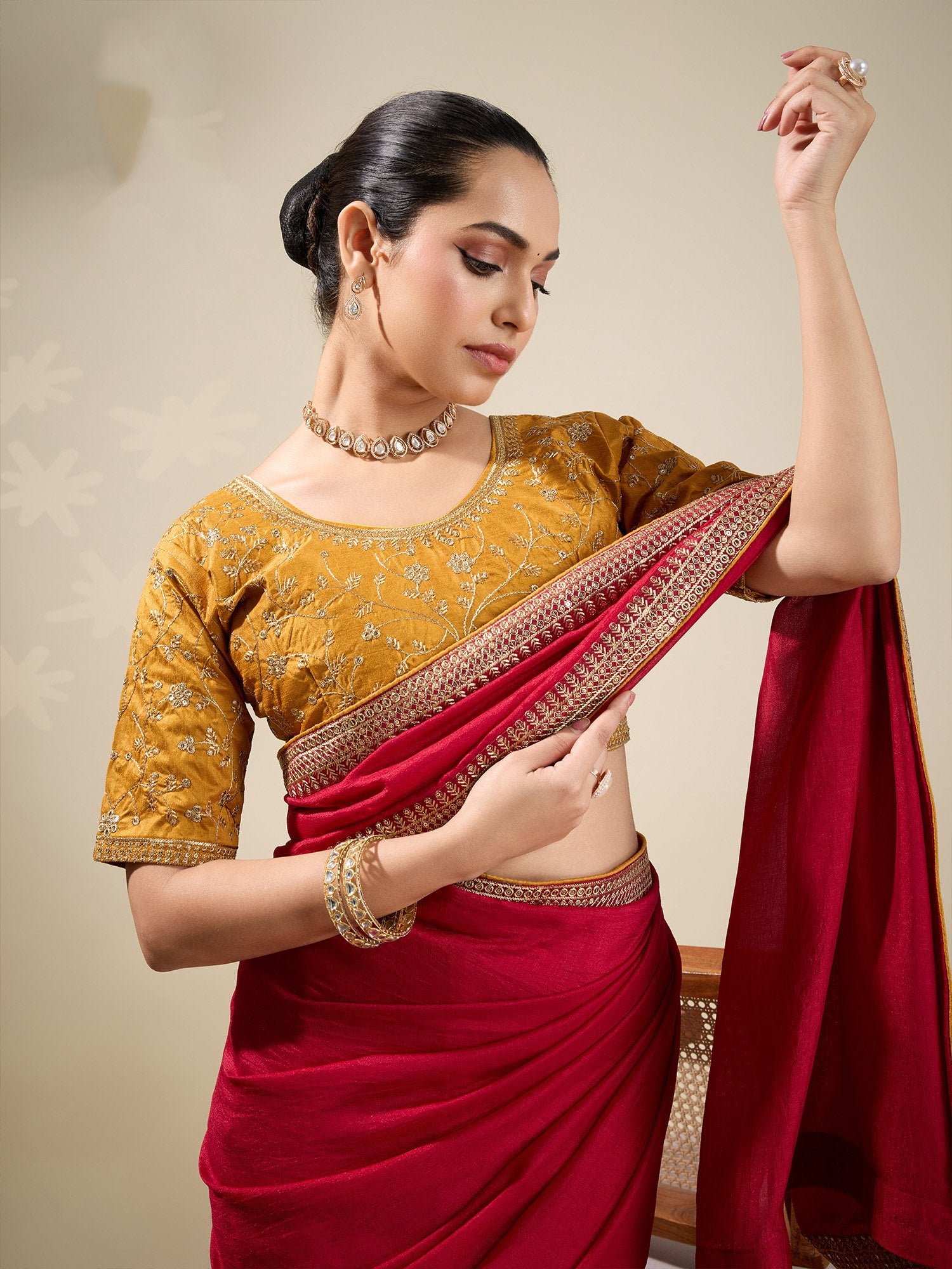 Red Party Wear Vichitra Silk Embellished Saree