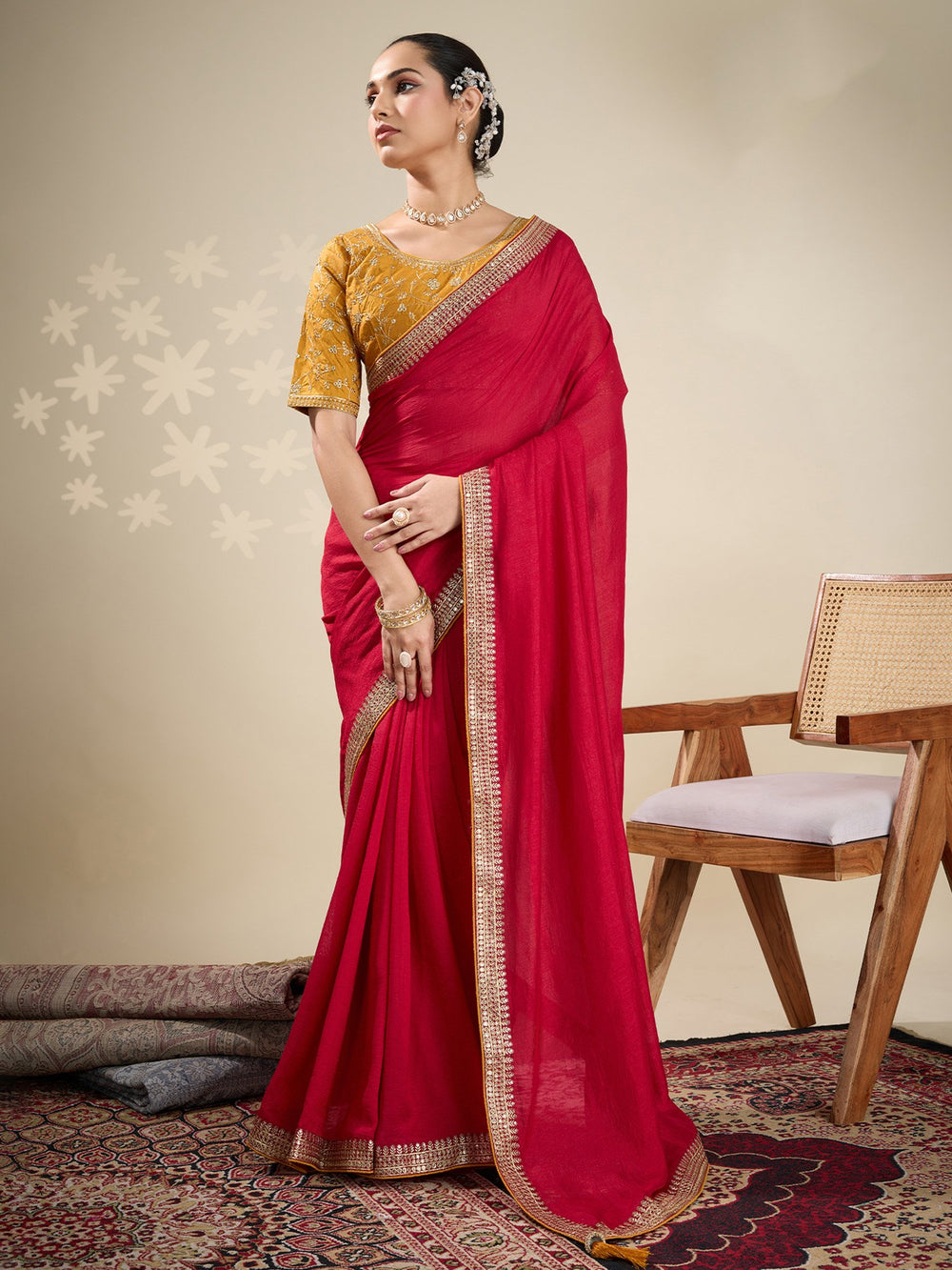 Red Red Party Wear Vichitra Silk Embellished Saree