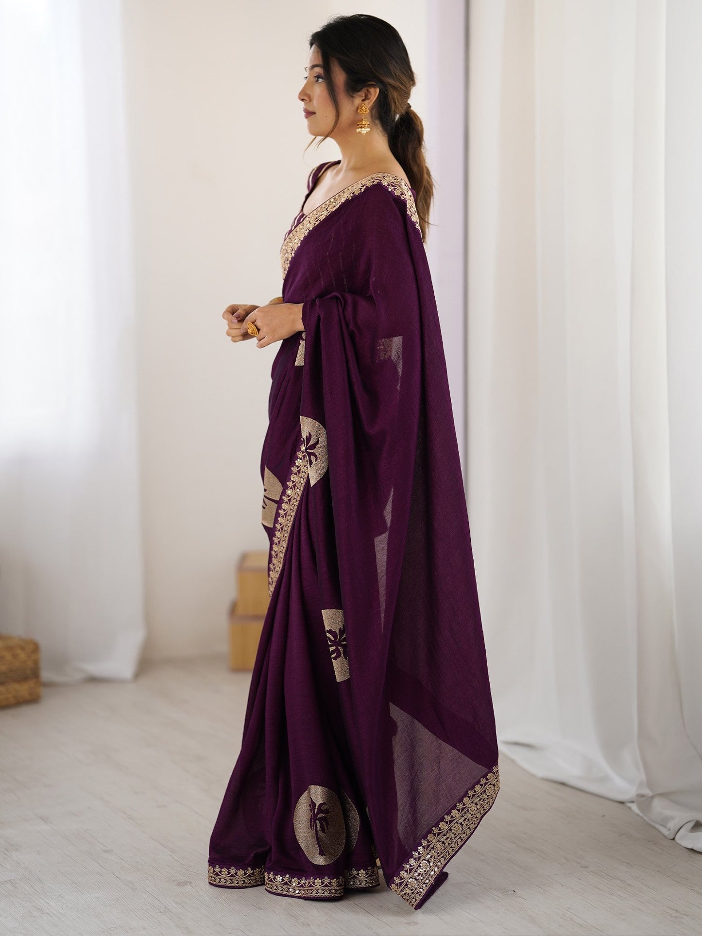 Purple Party Wear Vichitra Silk Embellished Saree