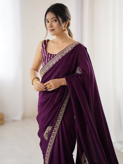 Purple Party Wear Vichitra Silk Embellished Saree