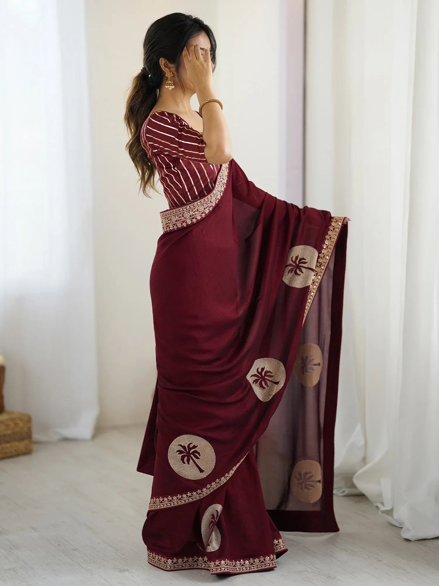Maroon Party Wear Vichitra Silk Embellished Saree