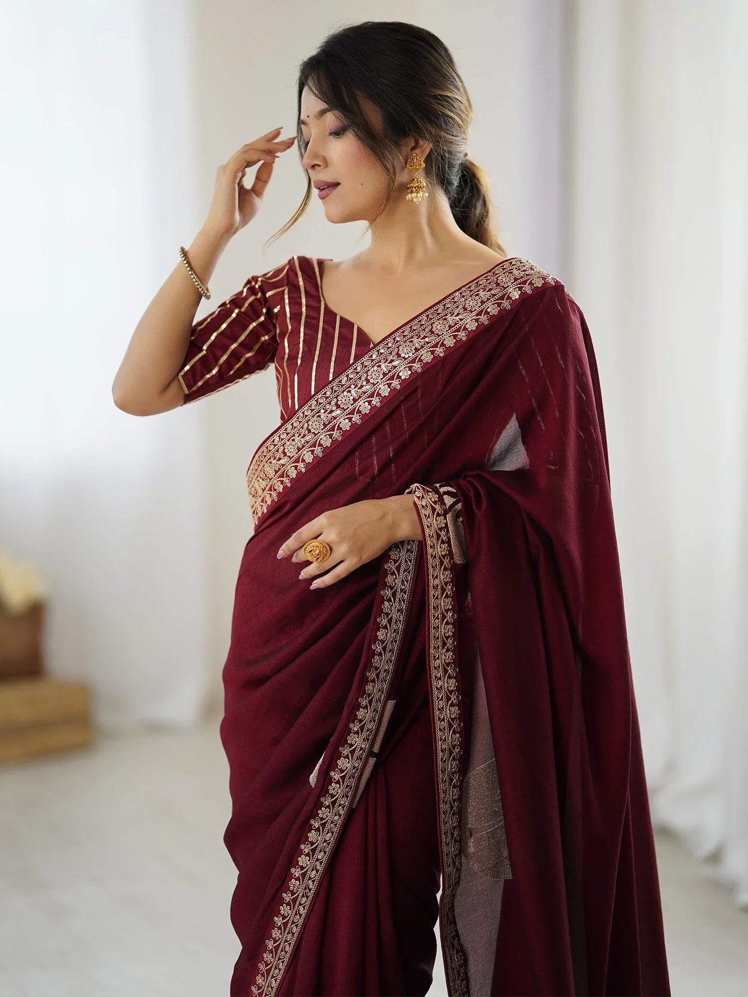 Maroon Party Wear Vichitra Silk Embellished Saree