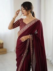 Maroon Party Wear Vichitra Silk Embellished Saree