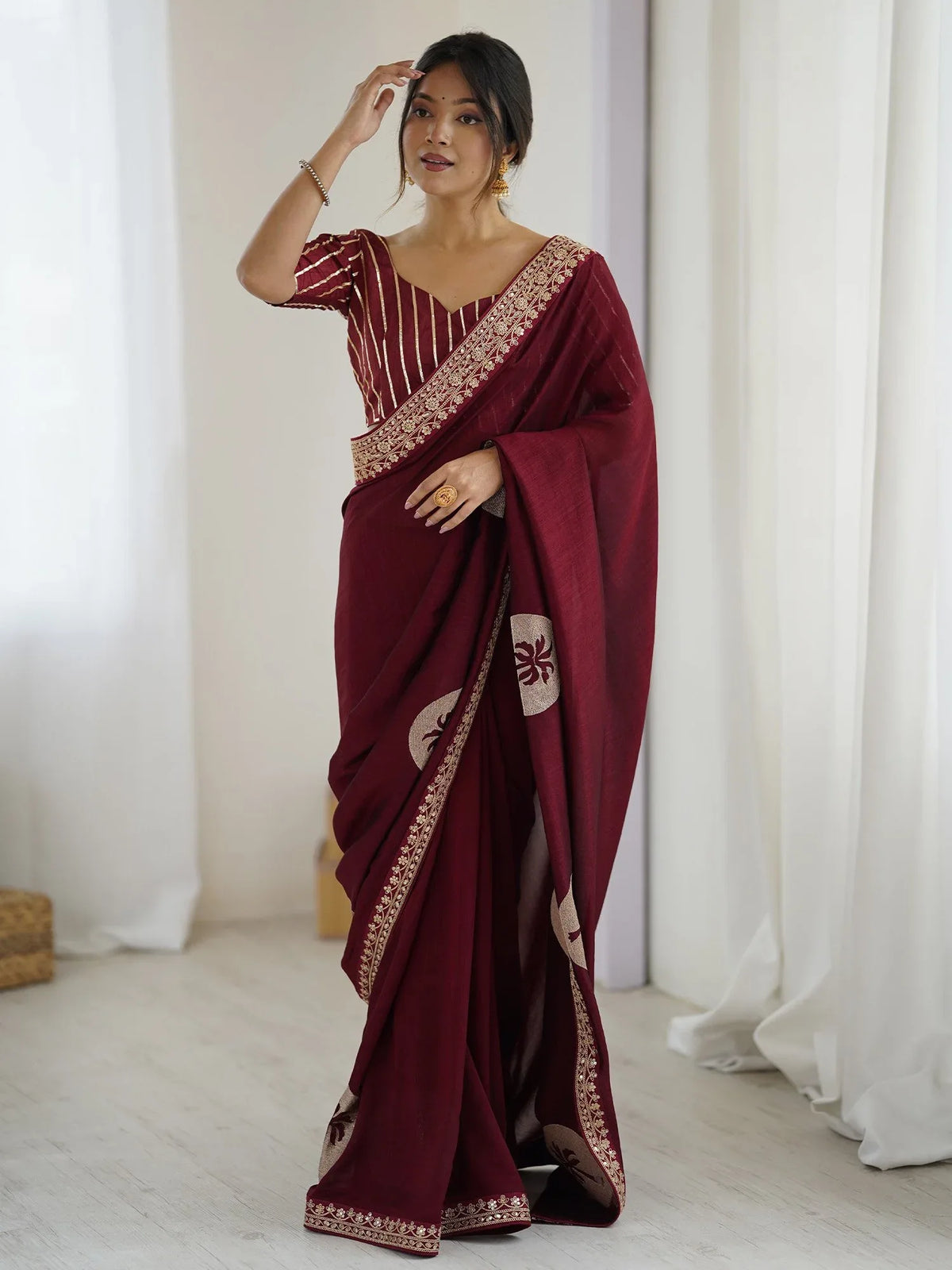 Maroon Maroon Party Wear Vichitra Silk Embellished Saree