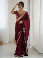Maroon Maroon Party Wear Vichitra Silk Embellished Saree