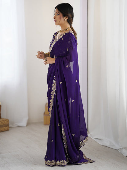 Purple Party Wear Pure Georgette Embellished Saree