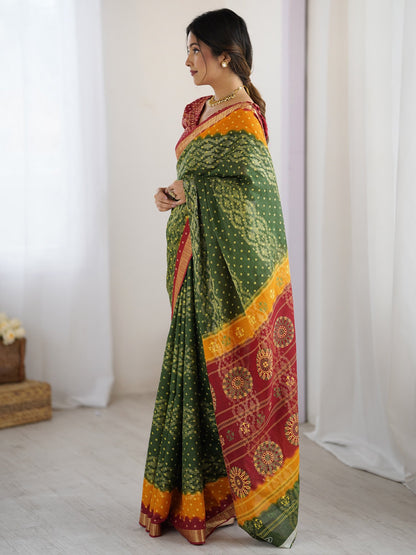 Green Bandhani Cotton Printed Saree