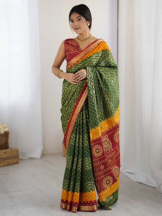 Green Green Bandhani Cotton Printed Saree