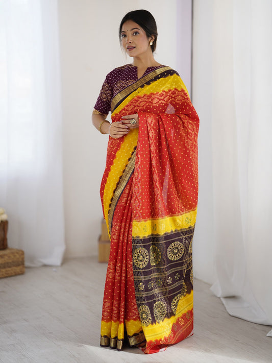 Red Red Bandhani Cotton Printed Saree