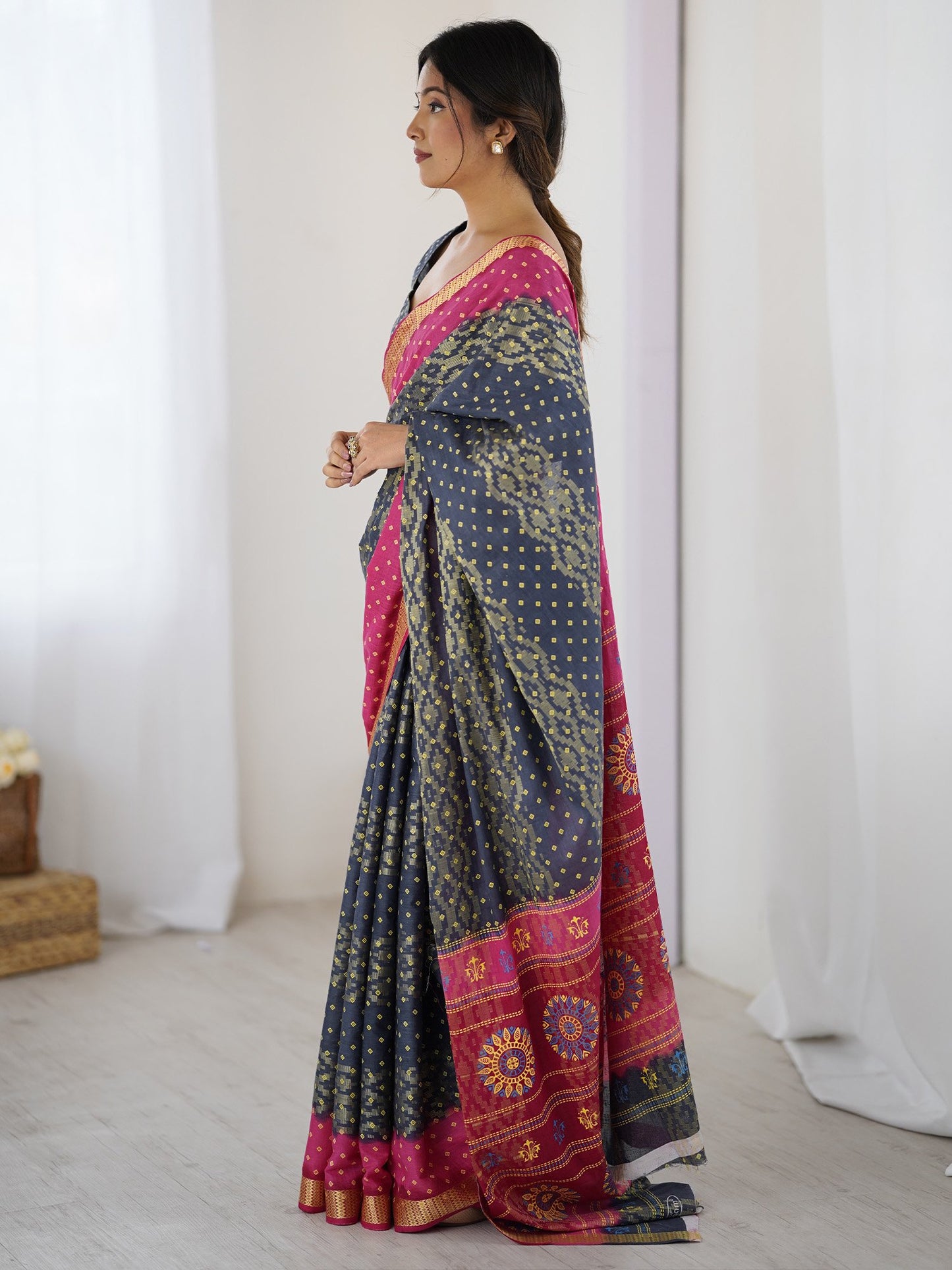 Charcoal Bandhani Cotton Printed Saree