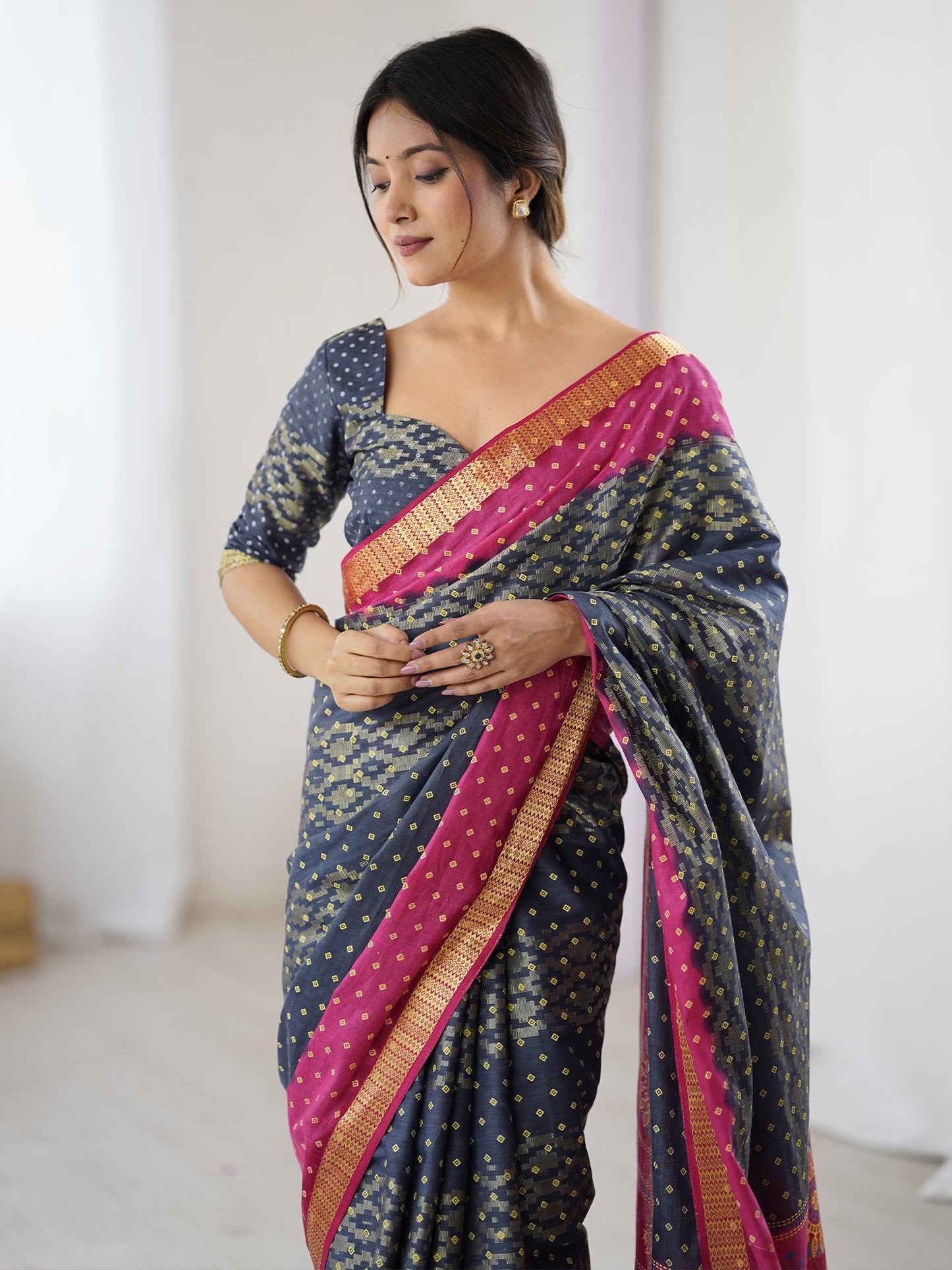 Charcoal Bandhani Cotton Printed Saree