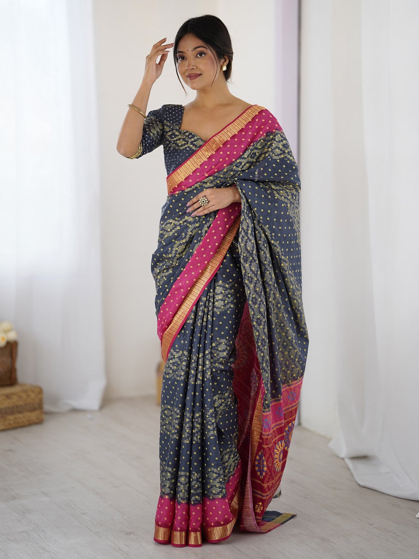 Charcoal Grey Charcoal Bandhani Cotton Printed Saree