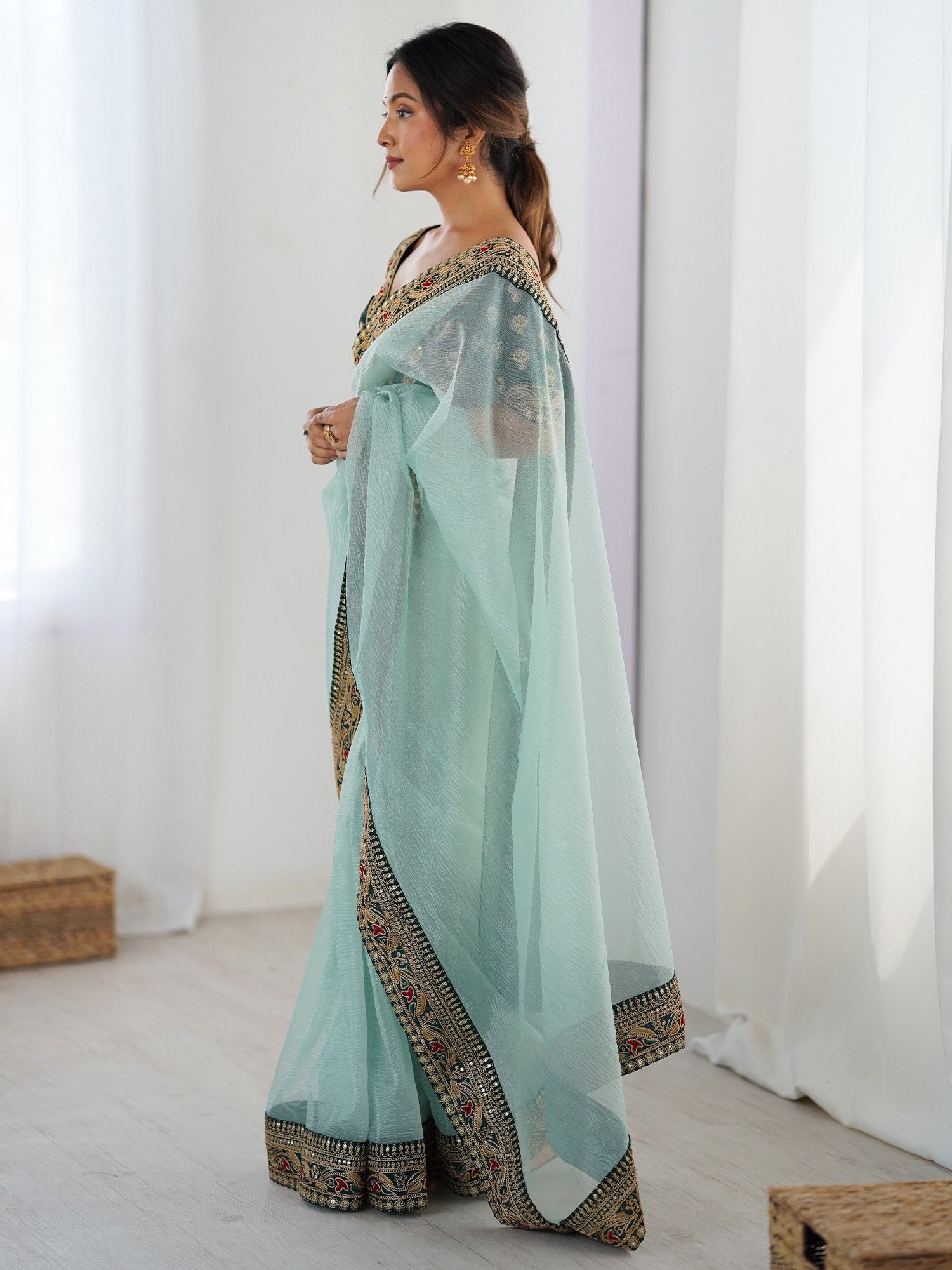 Sea Party Wear Chiffon Embellished Saree