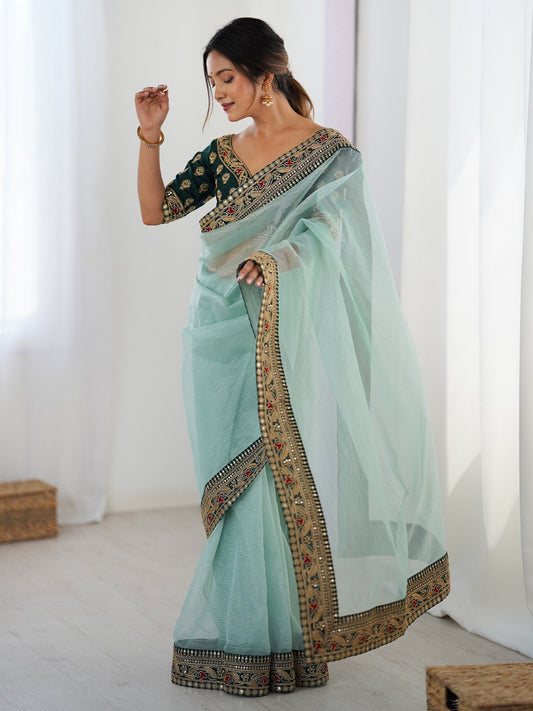 Blue Sea Party Wear Chiffon Embellished Saree