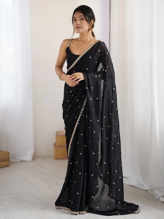 Black Black Party Wear Pure Georgette Embellished Saree