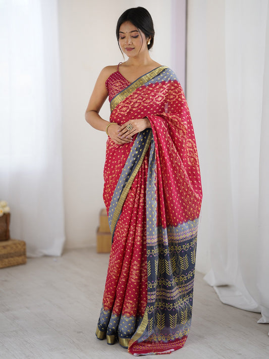 Pink Pink Bandhani Cotton Printed Saree