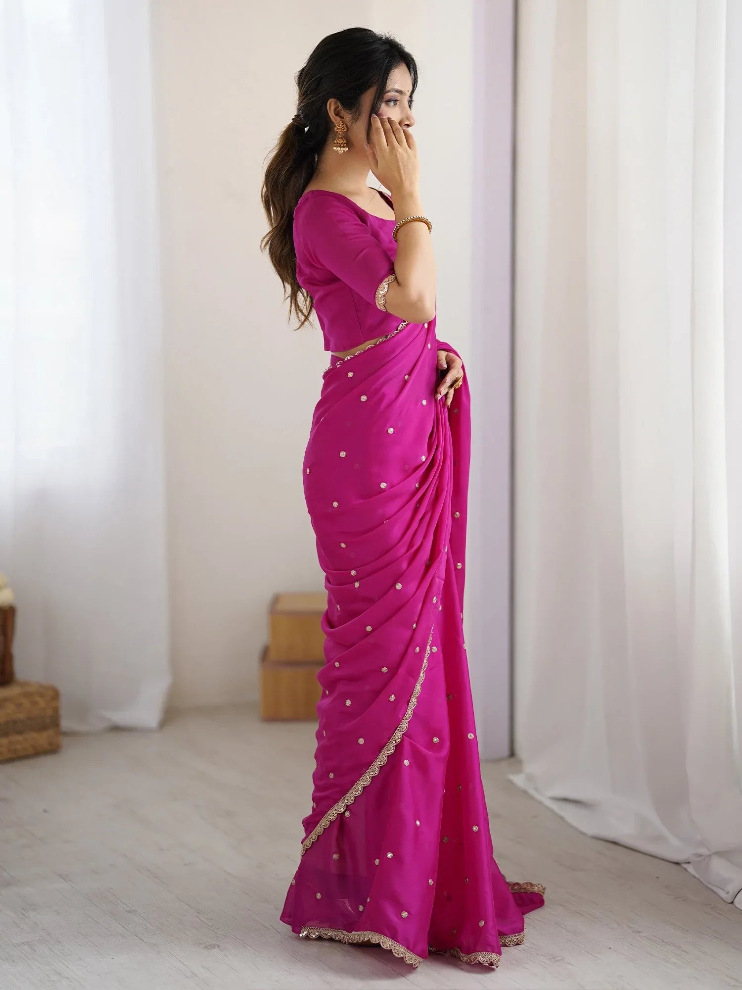 Pink Party Wear Pure Georgette Embellished Saree - The Dori Store