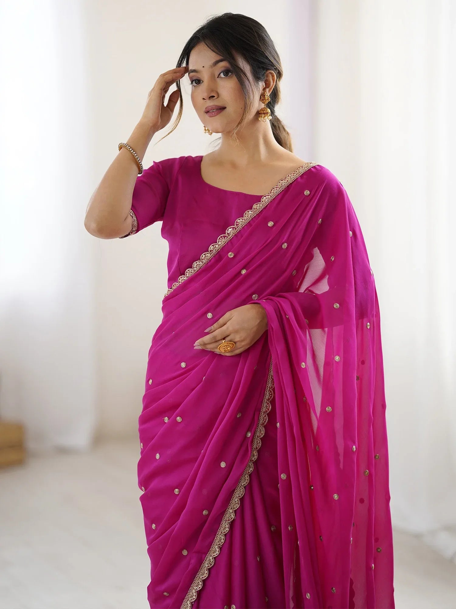 Pink Party Wear Pure Georgette Embellished Saree - The Dori Store