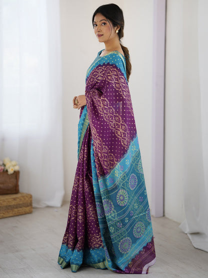 Purple Bandhani Cotton Printed Saree