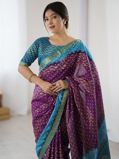 Purple Bandhani Cotton Printed Saree