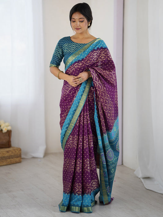 Purple Purple Bandhani Cotton Printed Saree