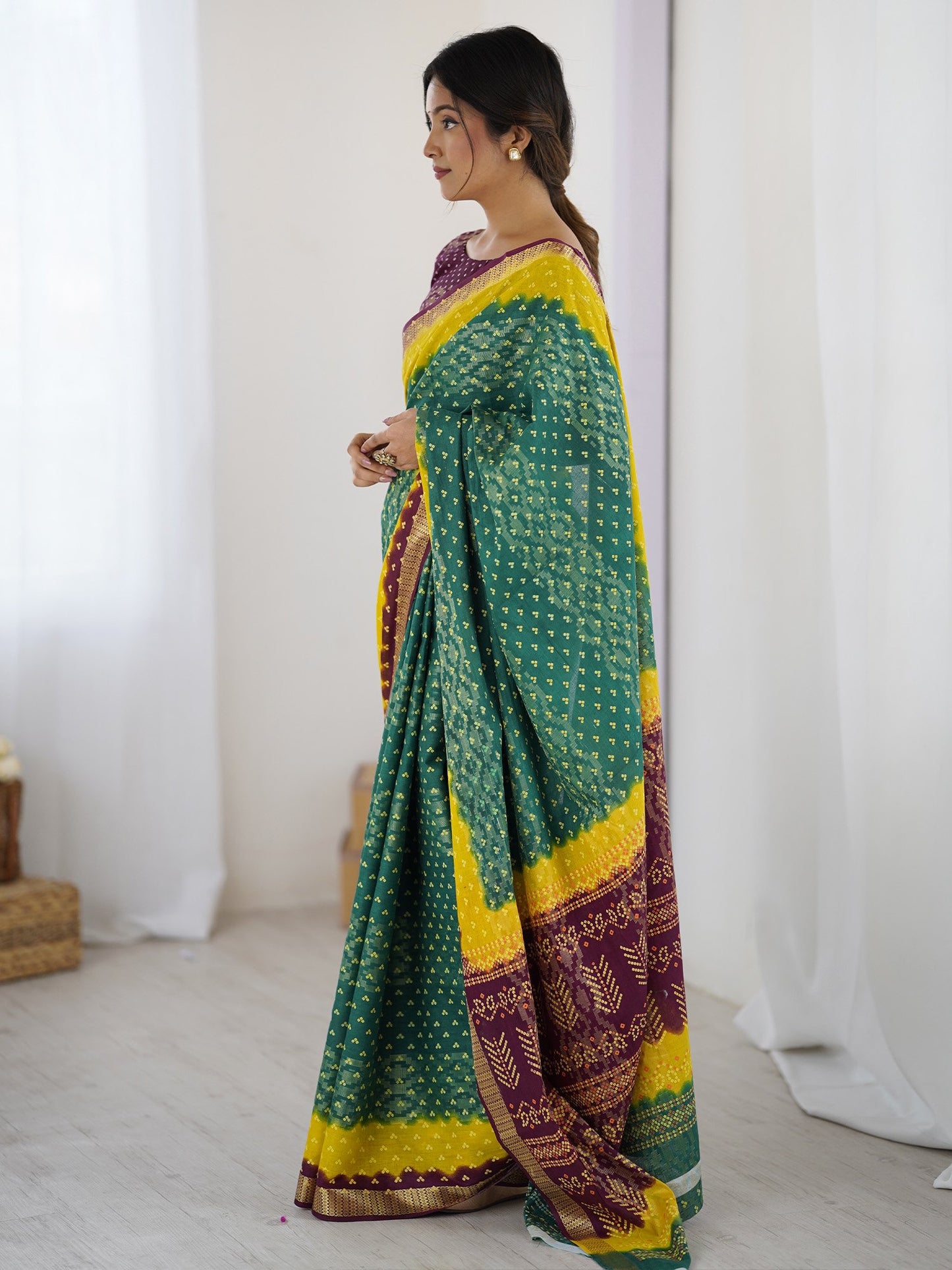 Teal Bandhani Cotton Printed Saree