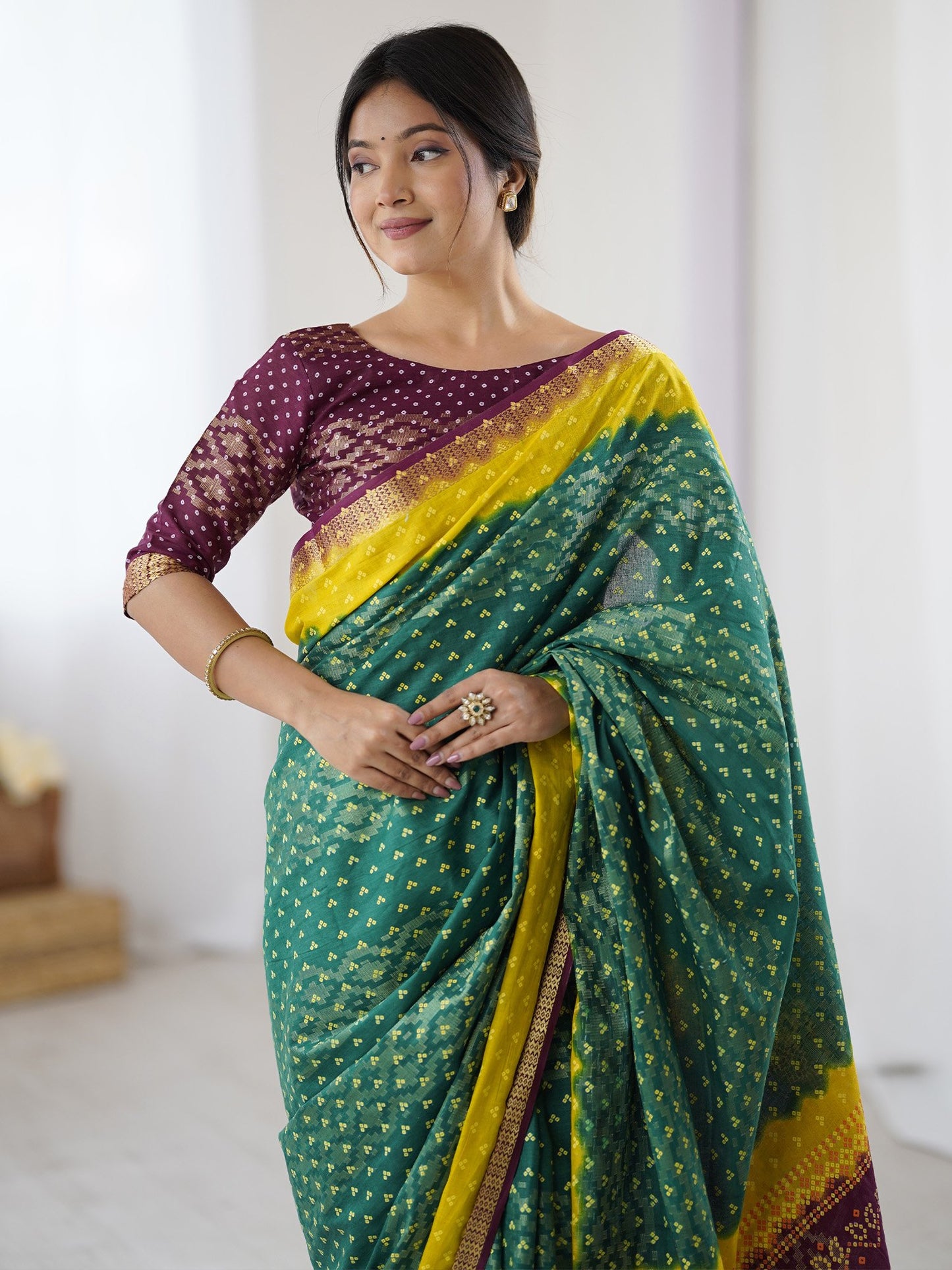 Teal Bandhani Cotton Printed Saree