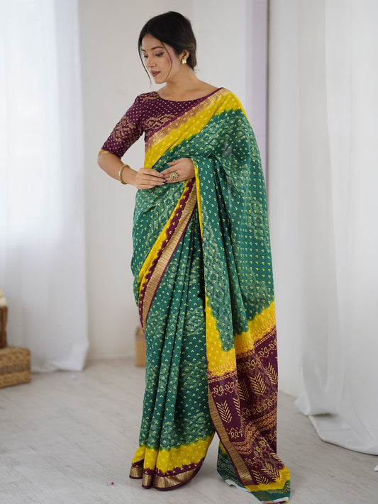 Teal green Teal Bandhani Cotton Printed Saree
