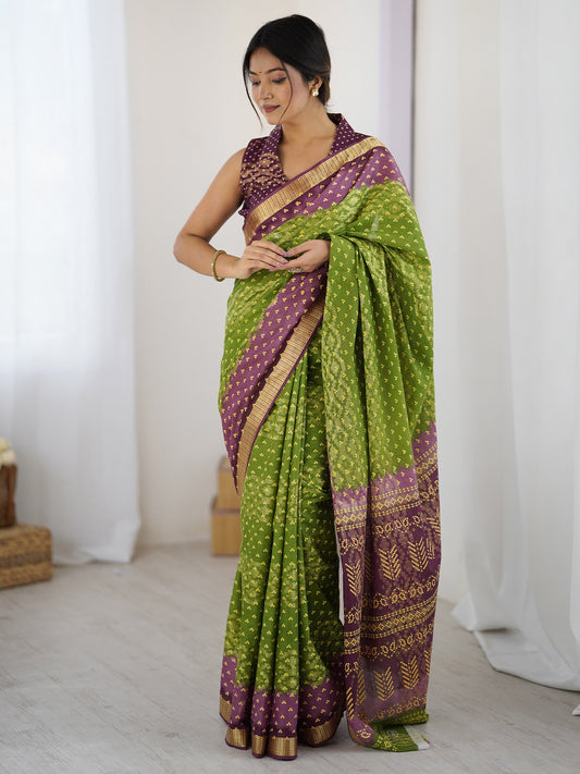 Light Green Light Bandhani Cotton Printed Saree