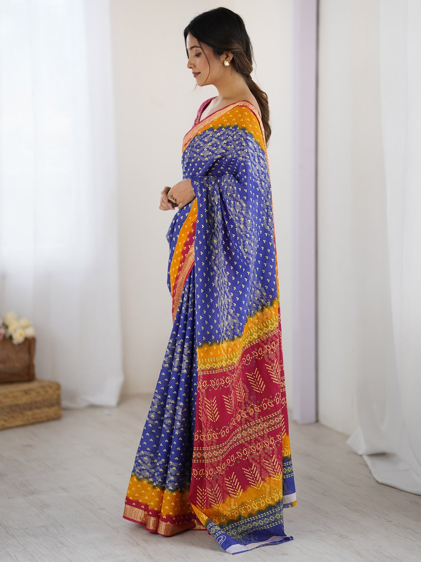 Blue Bandhani Cotton Printed Saree