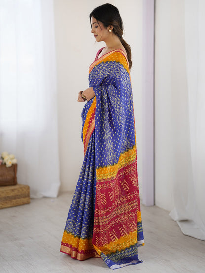 Blue Bandhani Cotton Printed Saree