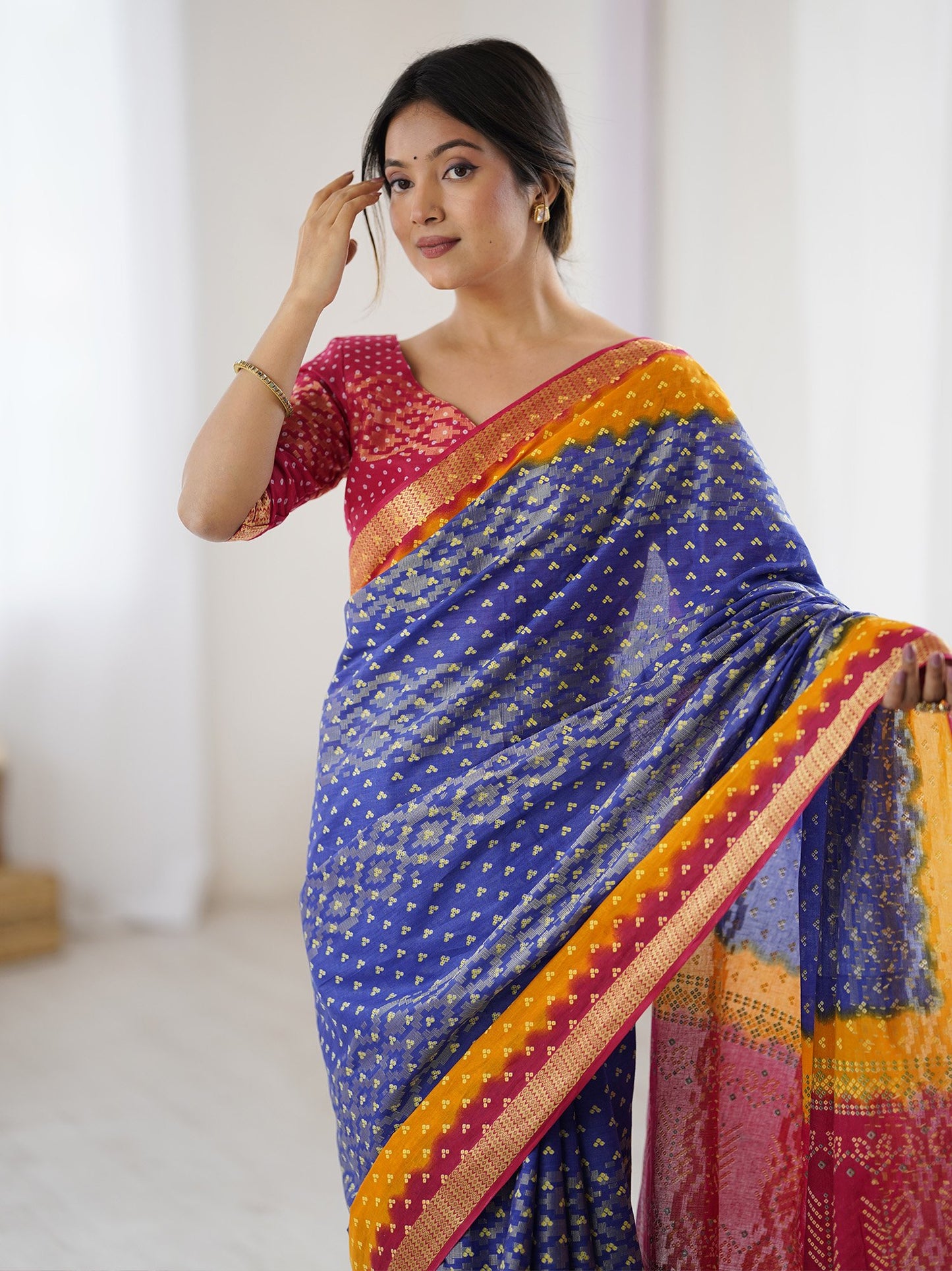 Blue Bandhani Cotton Printed Saree