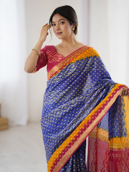 Blue Bandhani Cotton Printed Saree