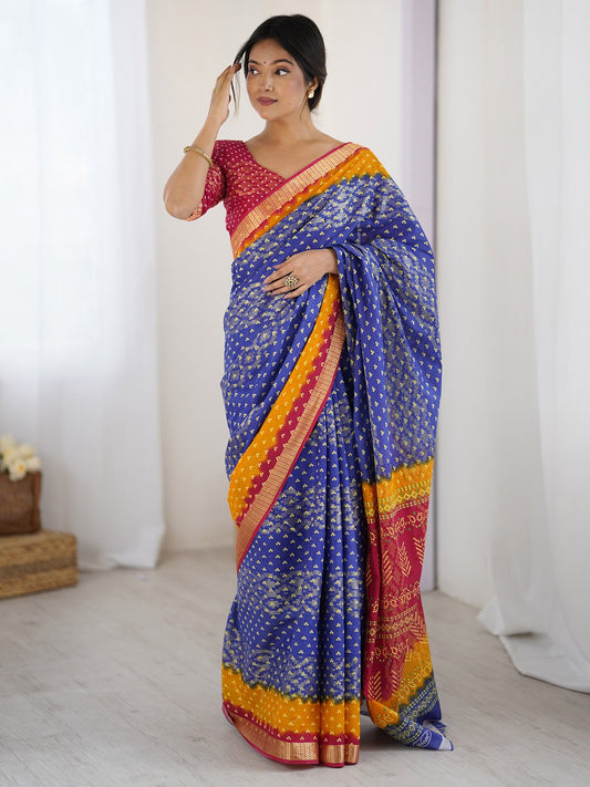 Blue Blue Bandhani Cotton Printed Saree