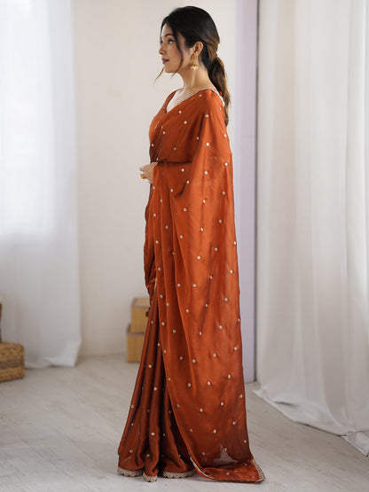 Brown Party Wear Pure Georgette Embellished Saree