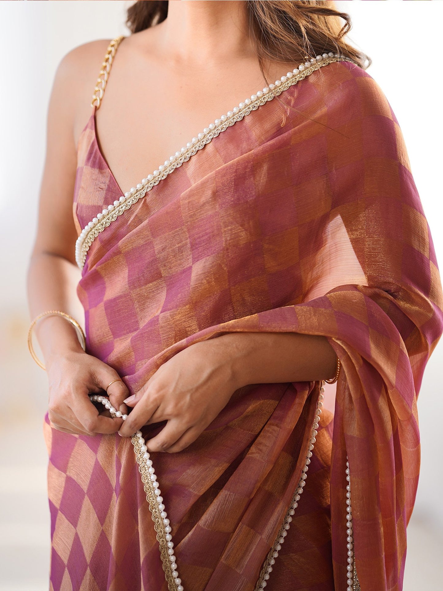 Rust Party Wear Chiffon Embellished Saree