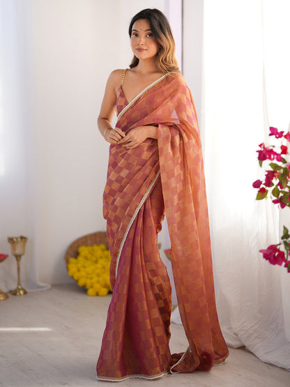 Brown Rust Party Wear Chiffon Embellished Saree