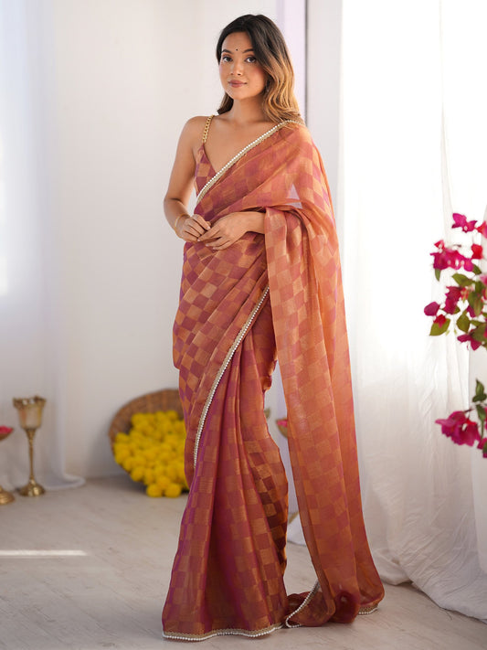 Brown Rust Party Wear Chiffon Embellished Saree