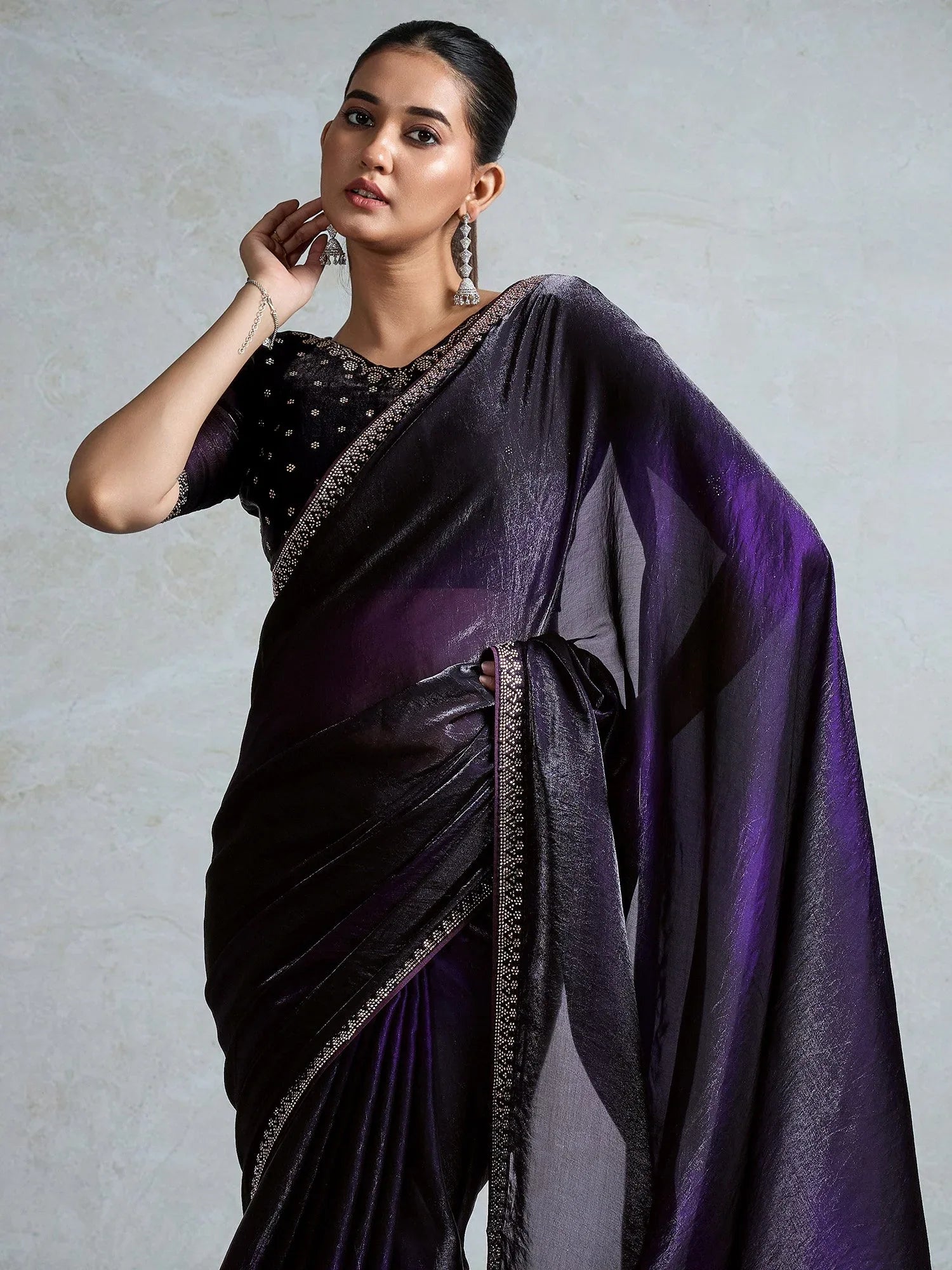 Purple Party Wear Satin Embellished Saree