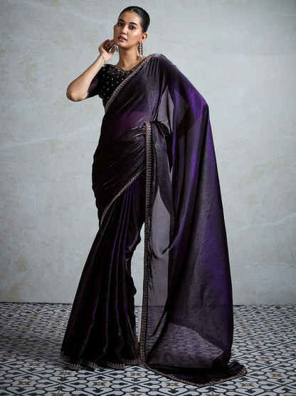Purple Purple Party Wear Satin Embellished Saree