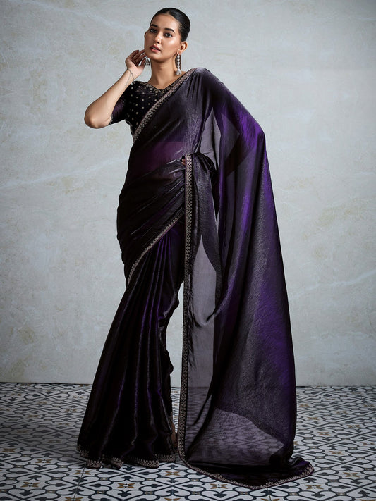 Purple Purple Party Wear Satin Embellished Saree