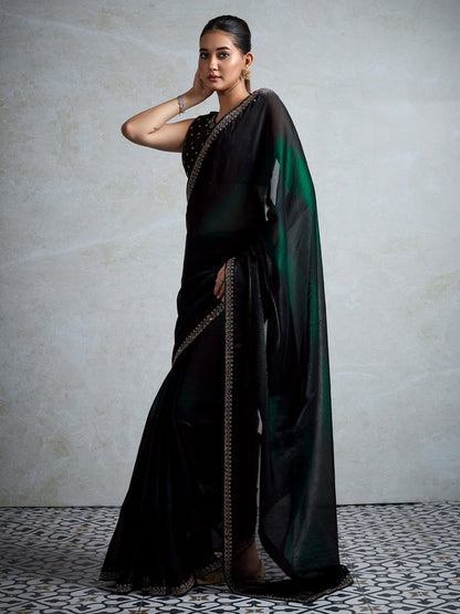 Green Party Wear Satin Embellished Saree