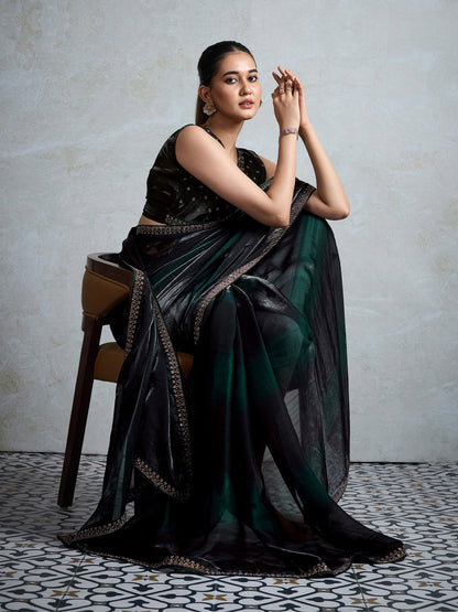 Green Party Wear Satin Embellished Saree