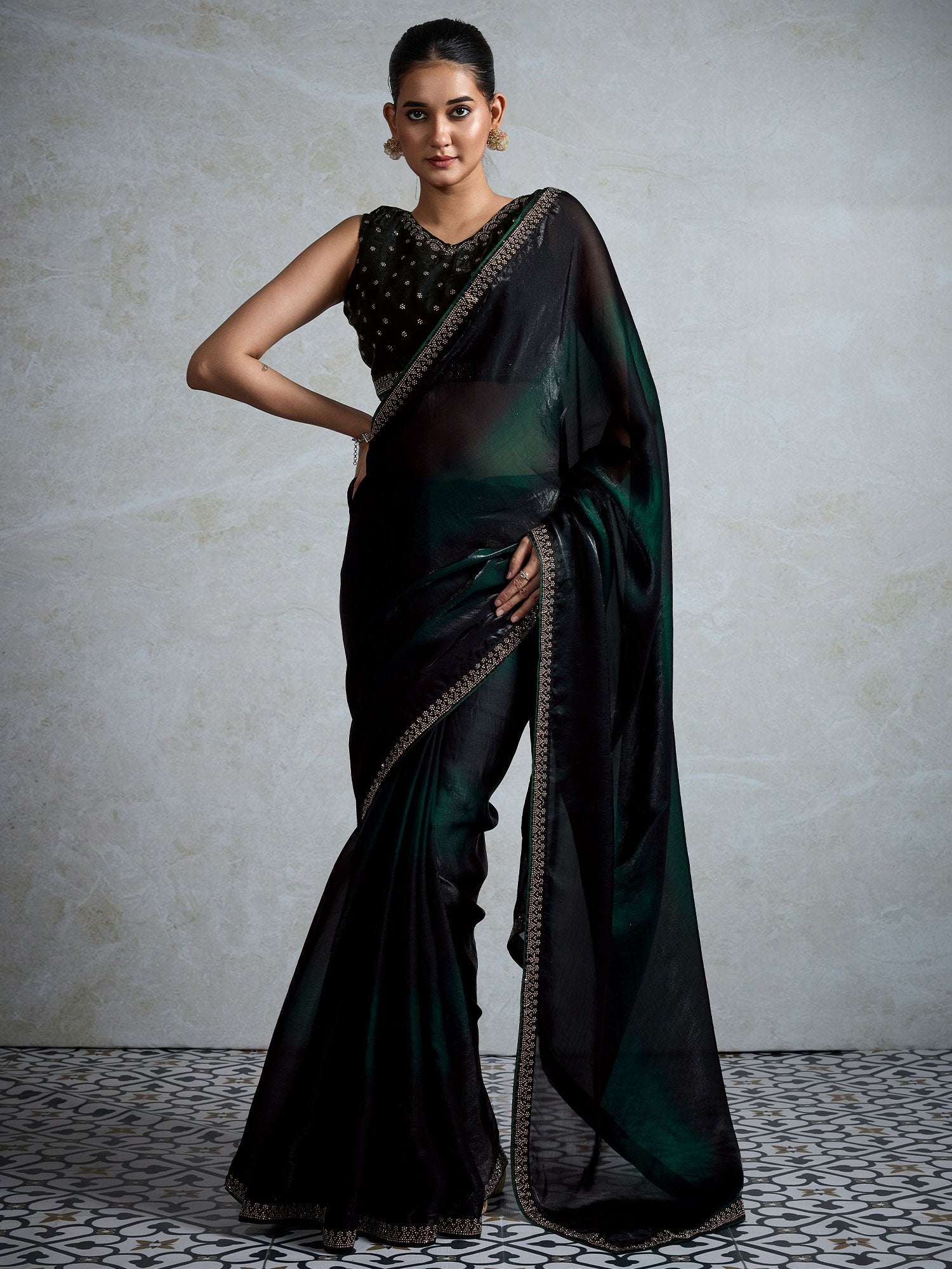 Green Green Party Wear Satin Embellished Saree