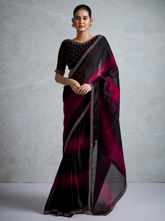 Black Pink Party Wear Satin Embellished Saree