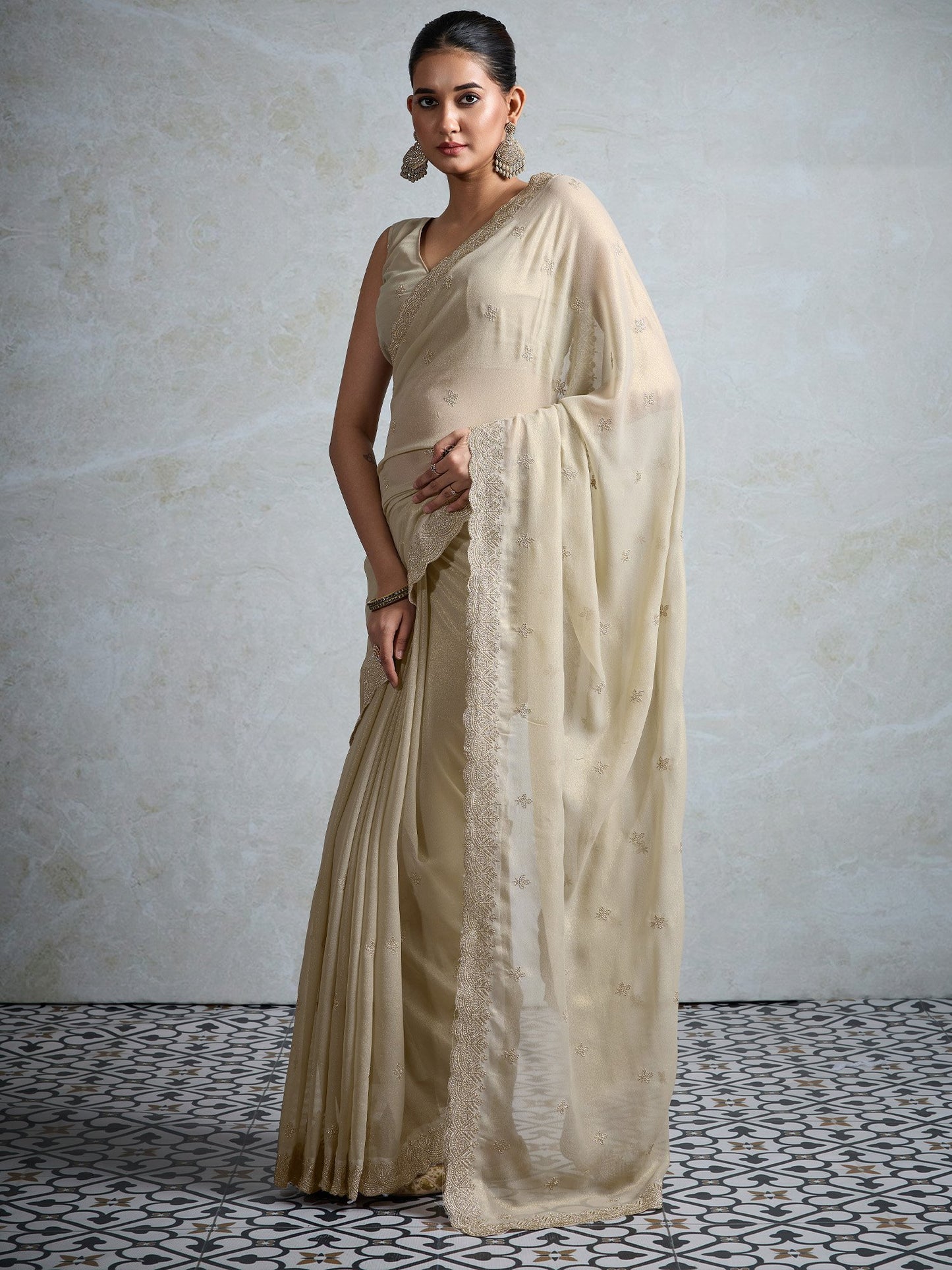 Cream Party Wear Georgette Zari Embroidered Saree