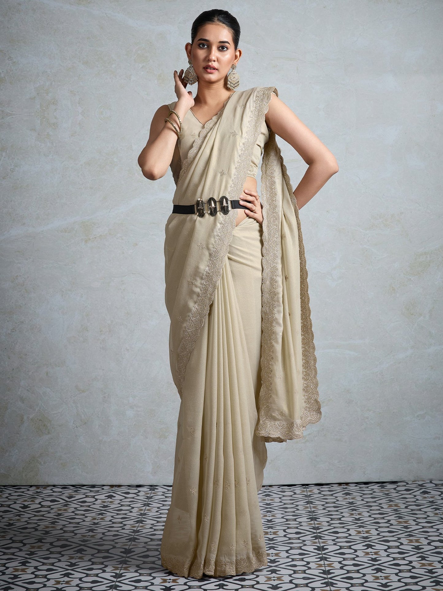 Cream Party Wear Georgette Zari Embroidered Saree