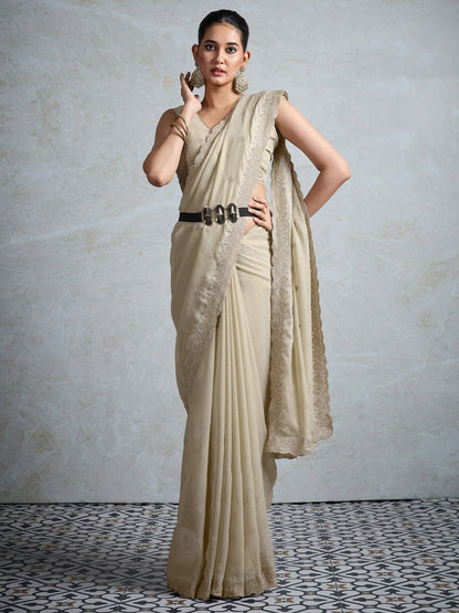 Cream Party Wear Georgette Zari Embroidered Saree